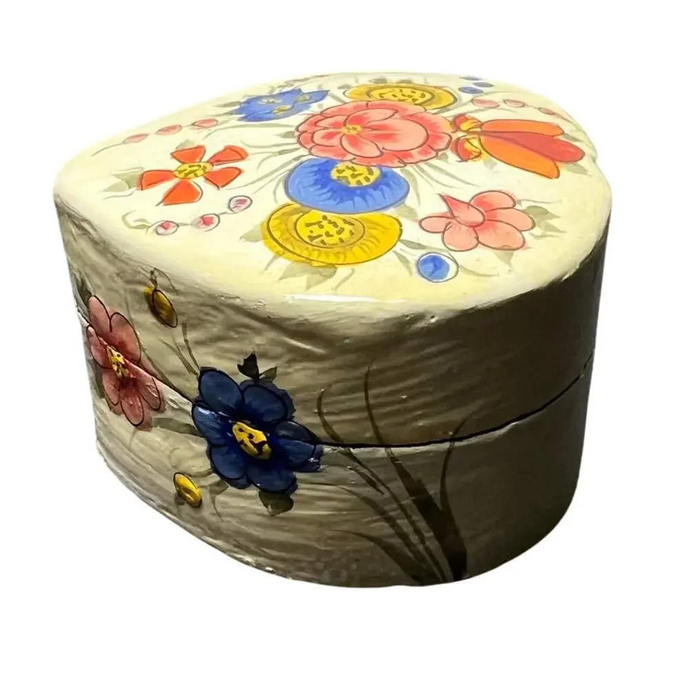 Vintage Heart Shaped Floral Trinket Box Hand Painted Folk Art Style